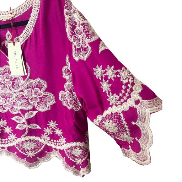 Solitaire Boho Floral Embroidered Pink Blouse Top 3/4 Sleeve SZ L  NWT - Picture 6 of 10